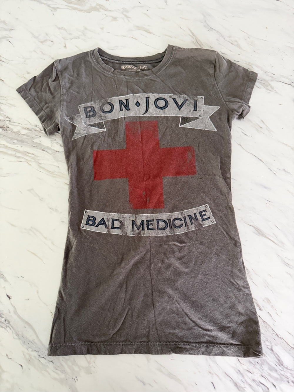 2000s Vintage Y2K Bon Jovi Bad Medicine Faded Graphic Baby Tee Rock Band Shirt